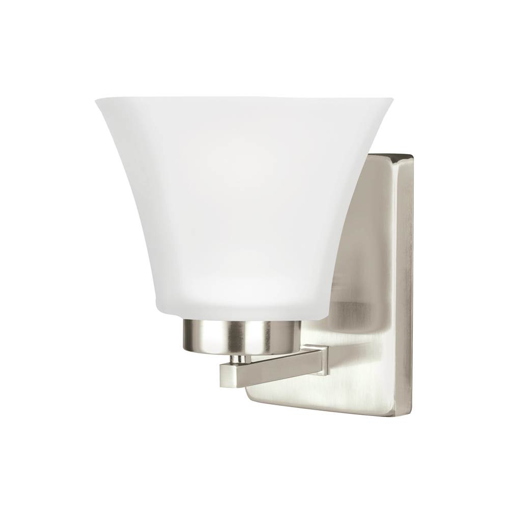 Generation Lighting Bayfield Contemporary 1-Light Led Indoor Dimmable Bath Vanity Wall Sconce In Brushed Nickel Silver Finish With Satin Etched Glass Shade