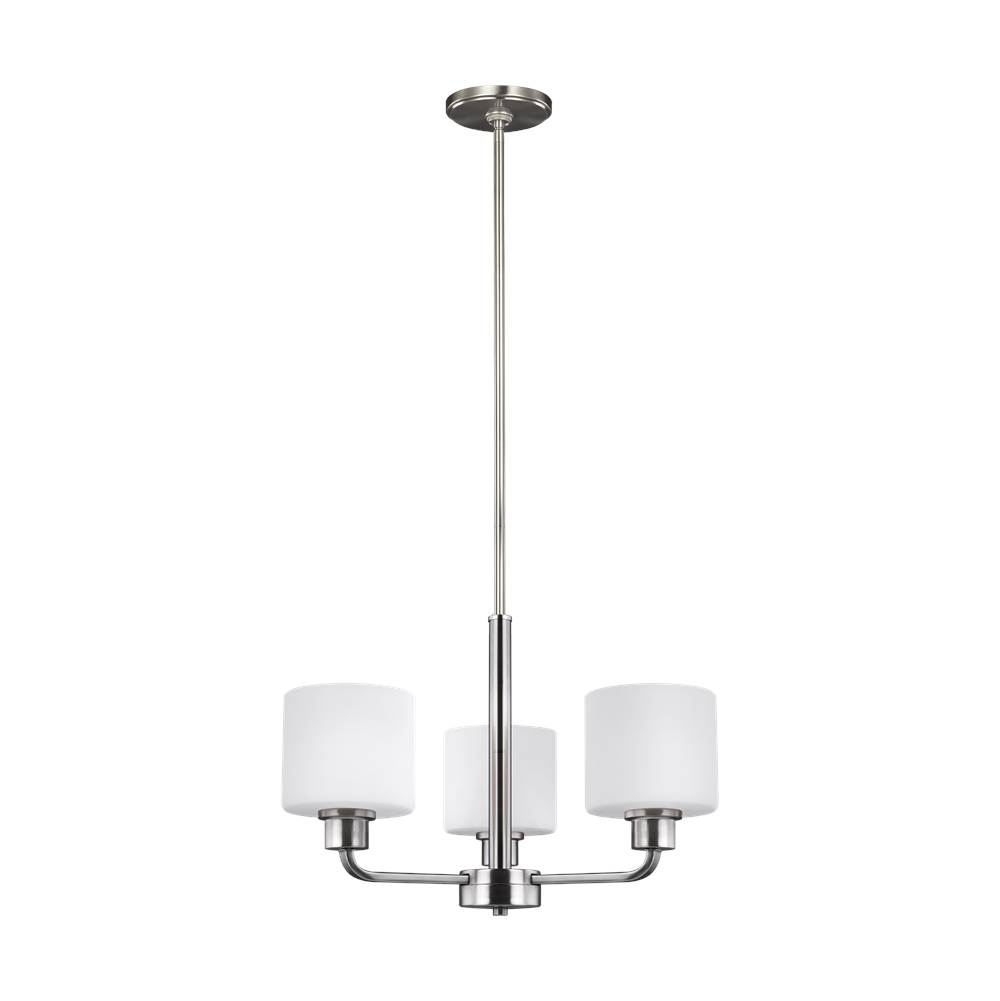 Generation Lighting Canfield Modern 3-Light Indoor Dimmable Ceiling Chandelier Pendant Light In Brushed Nickel Silver Finish With Etched White Inside Glass Shades