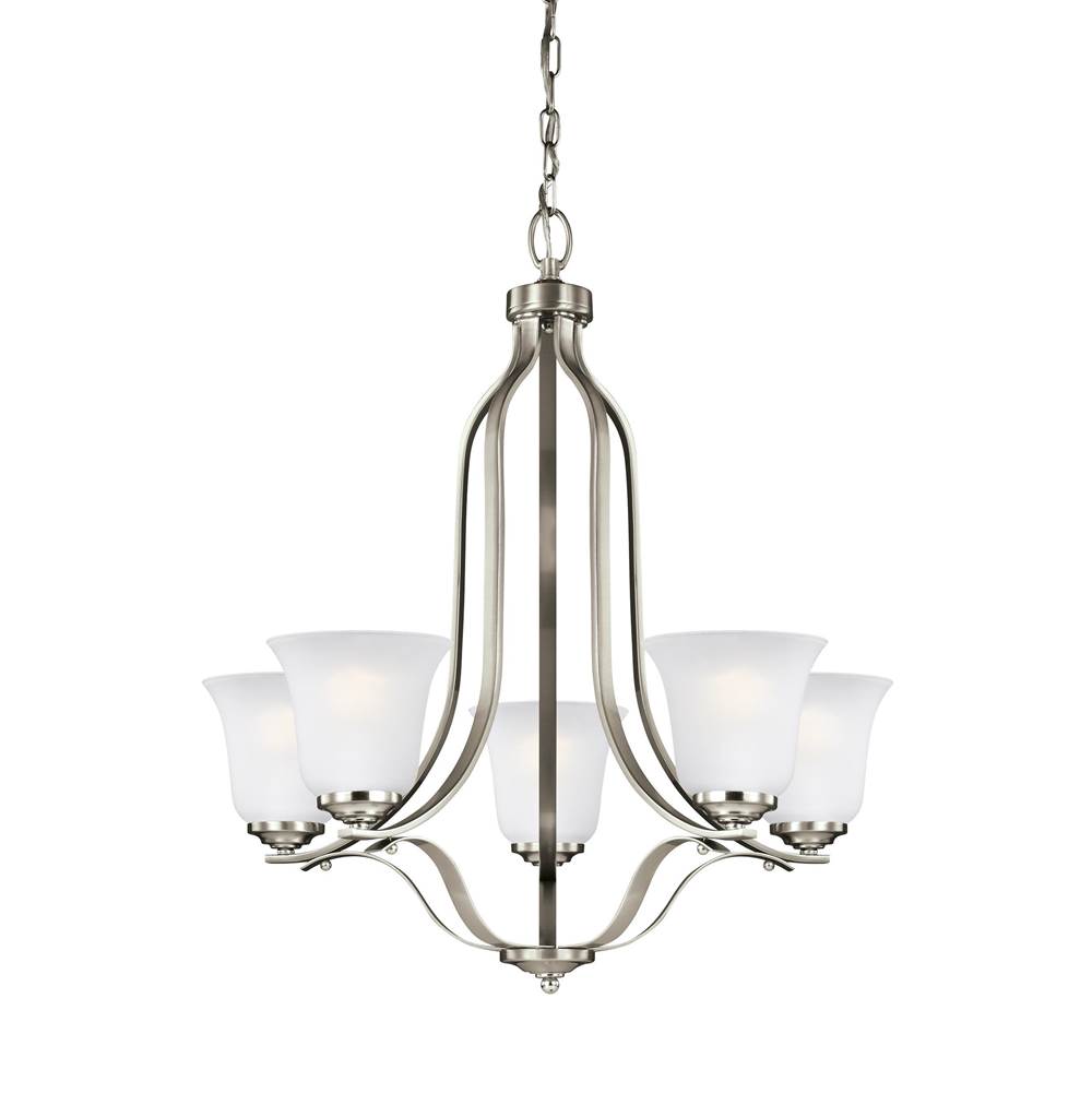 Generation Lighting Emmons Traditional 5-Light Indoor Dimmable Ceiling Chandelier Pendant Light In Brushed Nickel Silver Finish With Satin Etched Glass Shades