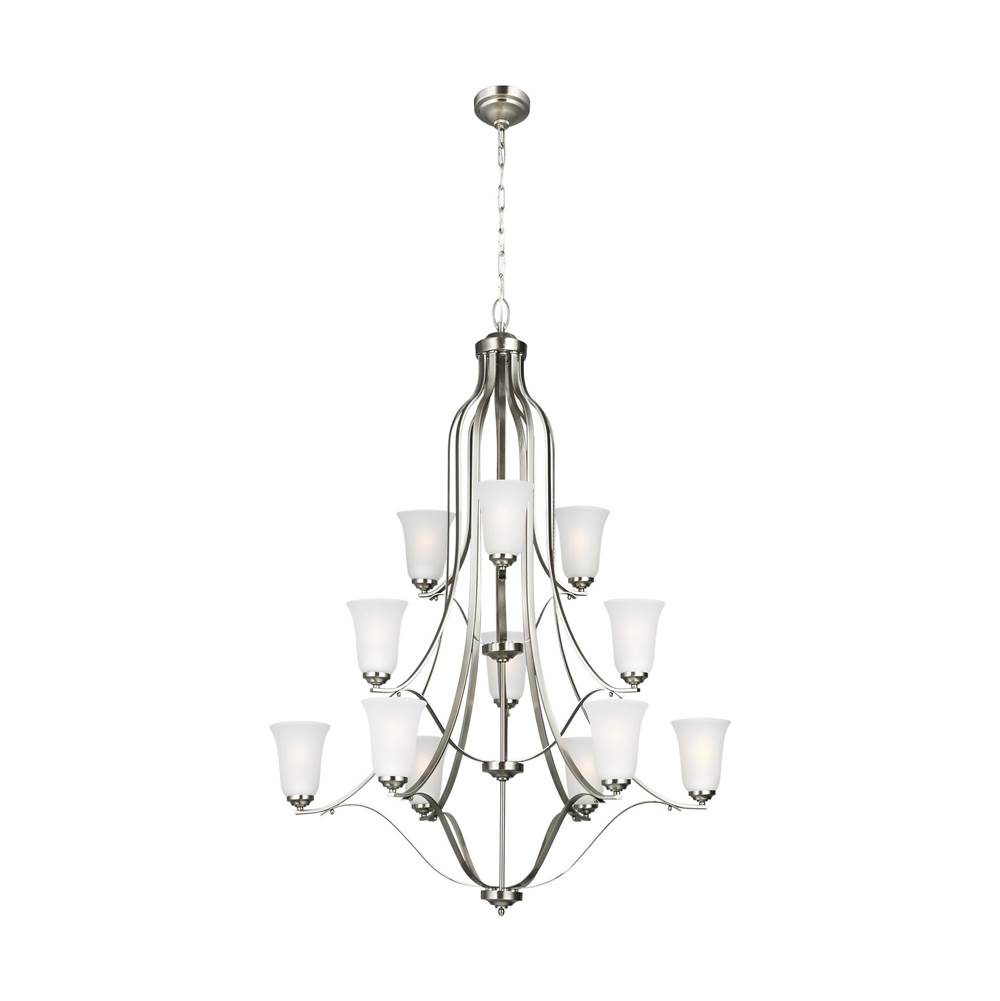 Generation Lighting Emmons Traditional 12-Light Led Indoor Dimmable Ceiling Chandelier Pendant Light In Brushed Nickel Silver Finish With Satin Etched Glass Shades