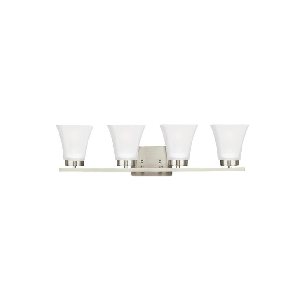 Generation Lighting Bayfield Contemporary 4-Light Led Indoor Dimmable Bath Vanity Wall Sconce In Brushed Nickel Silver Finish With Satin Etched Glass Shades