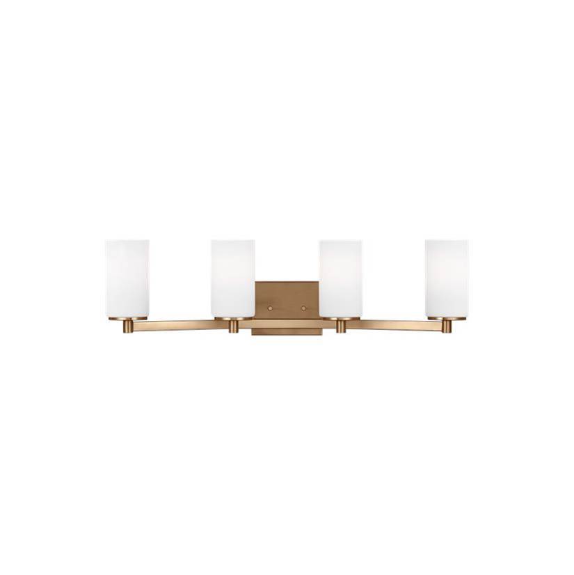 Generation Lighting Hettinger Traditional Indoor Dimmable Led 4-Light Wall Bath Sconce In A Satin Brass Finish With Etched White Glass Shades