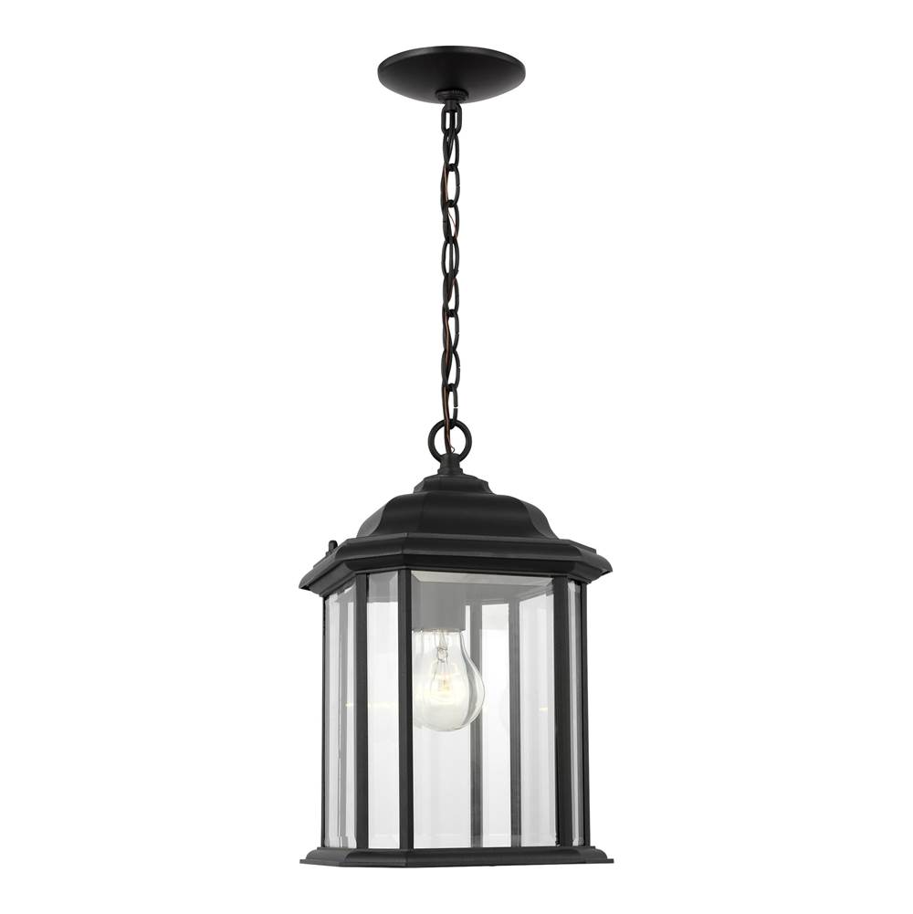 Generation Lighting Kent Traditional 1-Light Outdoor Exterior Ceiling Hanging Pendant In Black Finish With Clear Beveled Glass Panels
