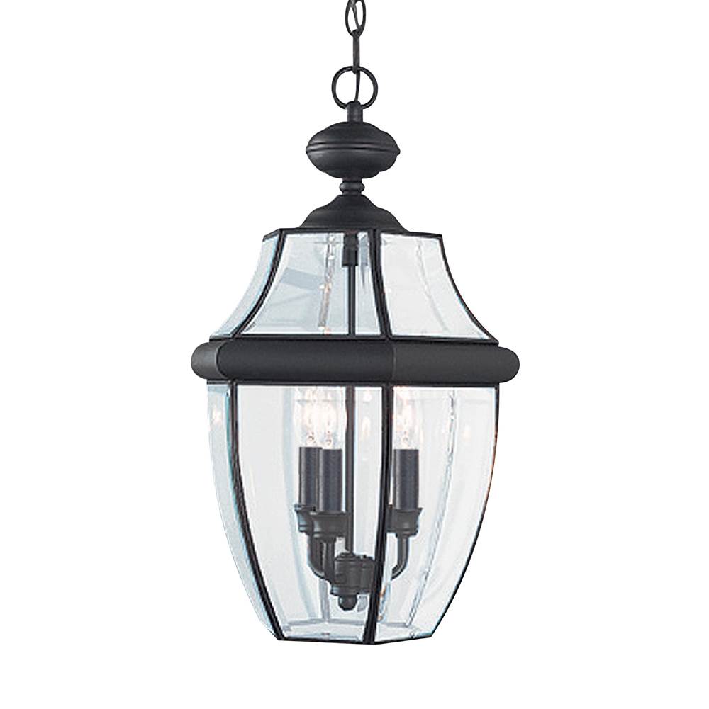 Generation Lighting Lancaster Traditional 3-Light Outdoor Exterior Pendant In Black Finish With Clear Curved Beveled Glass Shade