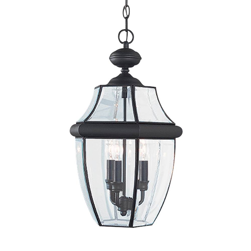 Generation Lighting Lancaster Traditional 3-Light Led Outdoor Exterior Pendant In Black Finish With Clear Curved Beveled Glass Shade