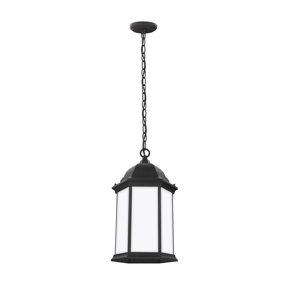 Generation Lighting Sevier Traditional 1-Light Outdoor Exterior Ceiling Hanging Pendant In Black Finish With Satin Etched Glass Panels