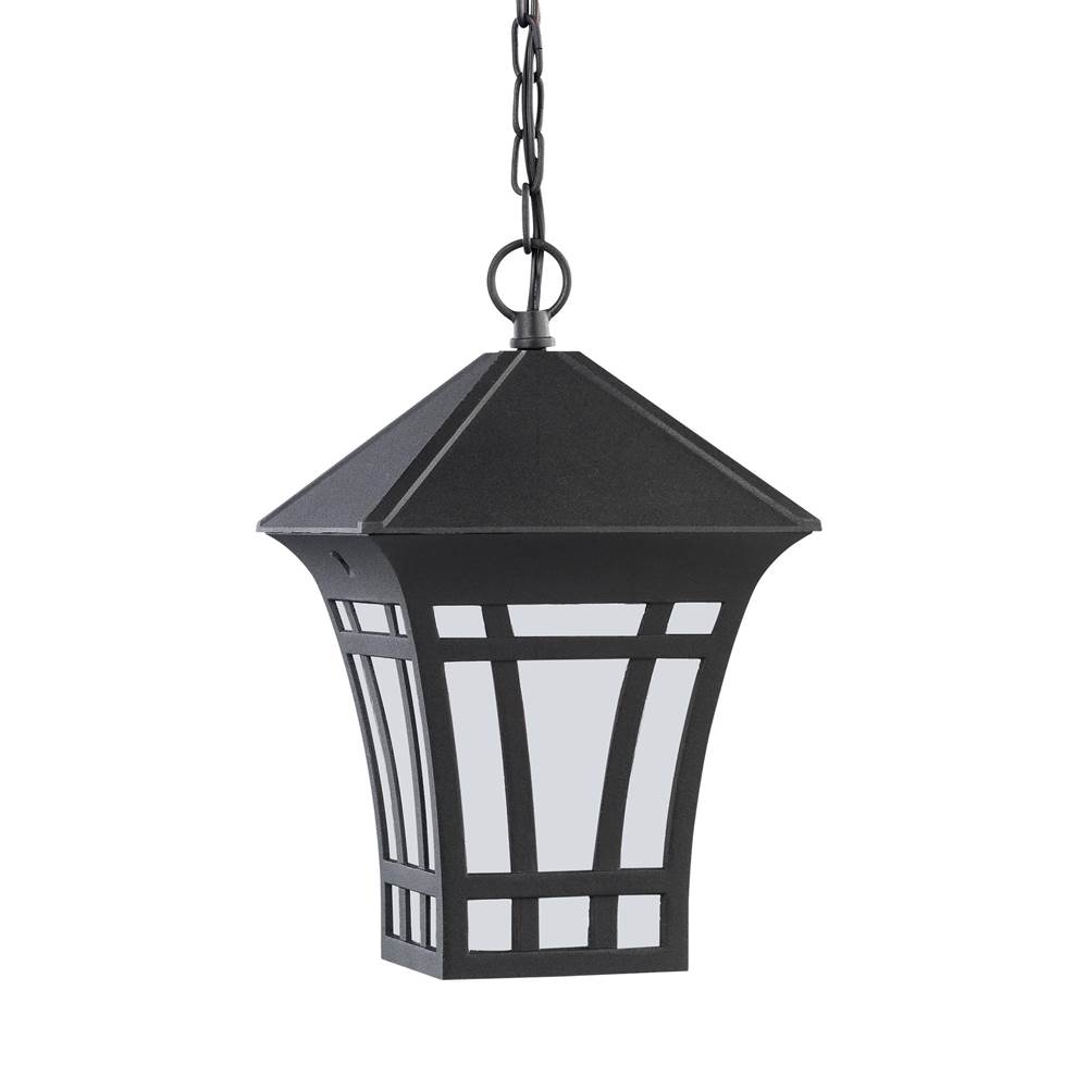 Generation Lighting Herrington Transitional 1-Light Led Outdoor Exterior Hanging Ceiling Pendant In Black Finish With Etched White Glass Panels