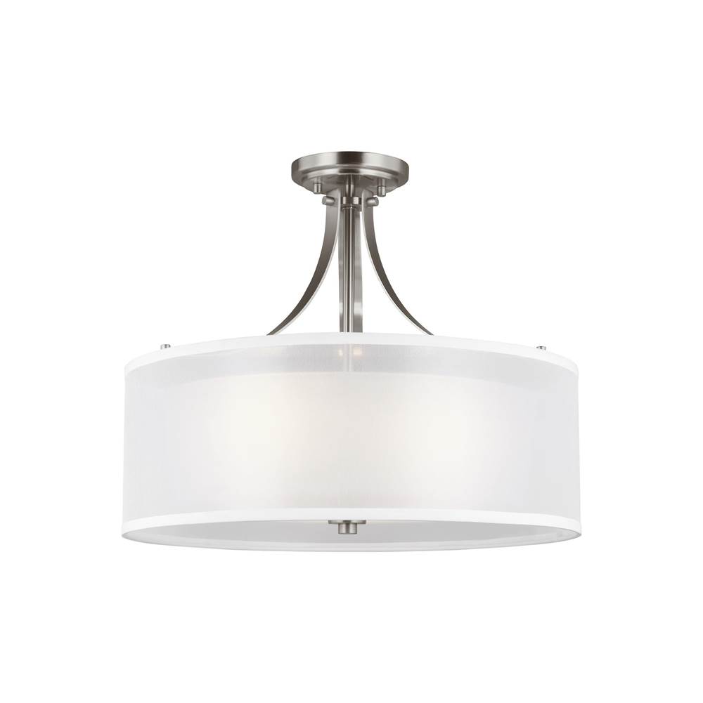 Generation Lighting Elmwood Park Traditional 3-Light Indoor Ceiling Semi-Flush Mount In Brushed Nickel Silver W/Satin Etched Glass Shade And Off White Organza Silk Shade