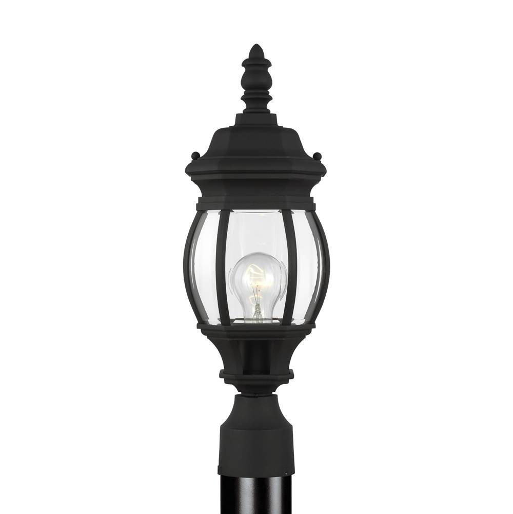 Generation Lighting Wynfield Traditional 1-Light Outdoor Exterior Small Post Lantern In Black Finish With Clear Beveled Glass Panels
