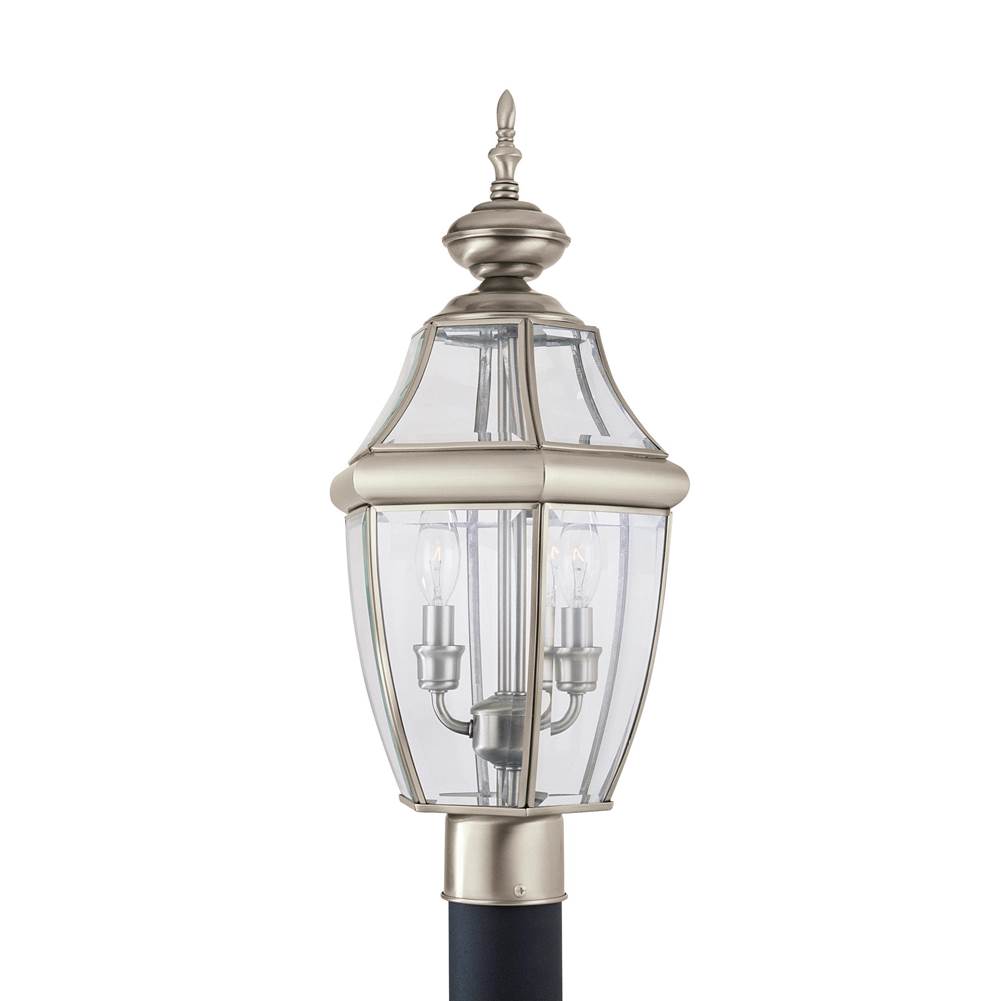 Generation Lighting Lancaster Traditional 2-Light Led Outdoor Exterior Post Lantern In Antique Brushed Nickel Silver Finish With Clear Curved Beveled Glass Shade