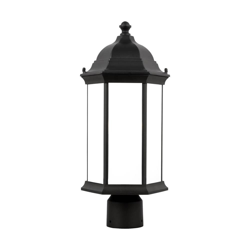 Generation Lighting Sevier Traditional 1-Light Outdoor Exterior Medium Post Lantern In Black Finish With Satin Etched Glass Panels