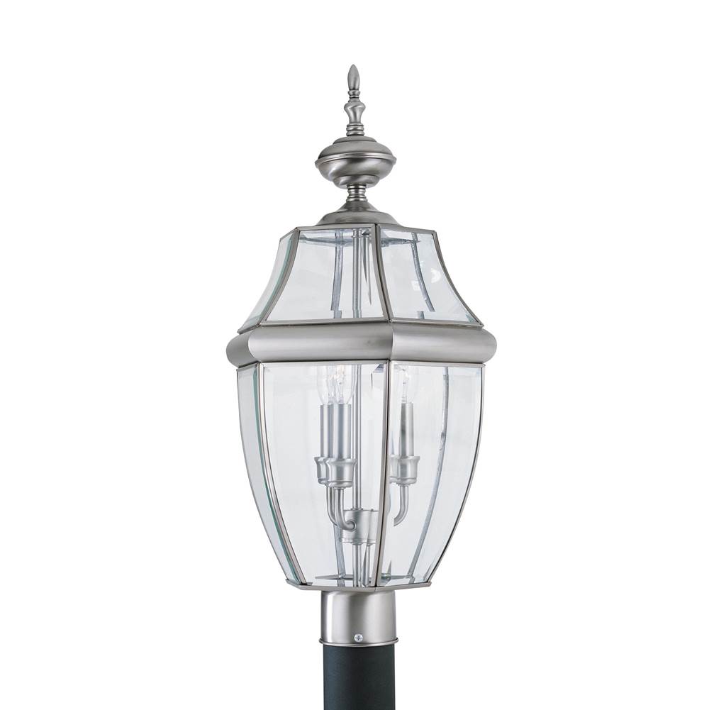 Generation Lighting Lancaster Traditional 3-Light Outdoor Exterior Post Lantern In Antique Brushed Nickel Silver Finish With Clear Curved Beveled Glass Shade