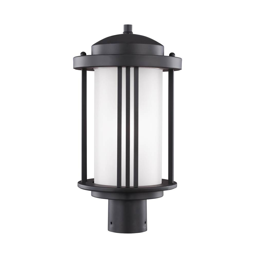 Generation Lighting Crowell Contemporary 1-Light Led Outdoor Exterior Post Lantern In Black Finish With Satin Etched Glass Shade