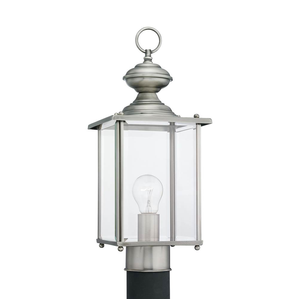 Generation Lighting Jamestowne Transitional 1-Light Outdoor Exterior Post Lantern In Antique Brushed Nickel Silver Finish With Clear Beveled Glass Panels