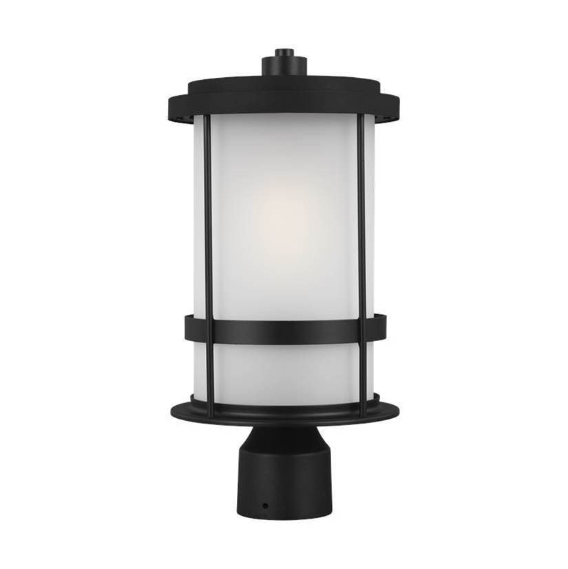 Generation Lighting Wilburn Modern 1-Light Outdoor Exterior Post Lantern In Black Finish With Satin Etched Glass Shade