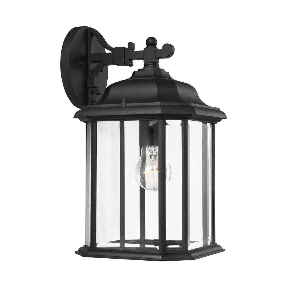Generation Lighting Kent Traditional 1-Light Outdoor Exterior Large Wall Lantern Sconce In Black Finish With Clear Beveled Glass Panels