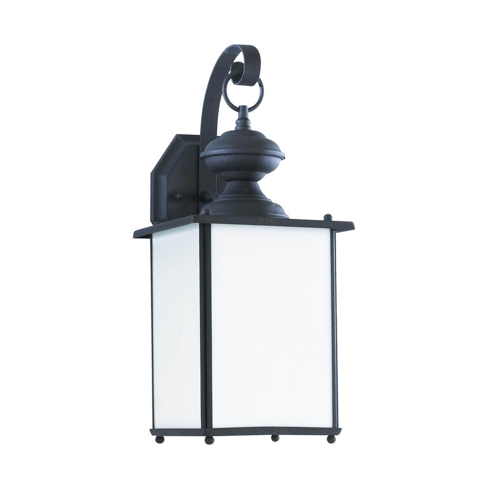 Generation Lighting Jamestowne Transitional 1-Light Outdoor Exterior Dark Sky Compliant Wall Lantern Sconce In Black Finish With Etched White Tiffany Glass Panels