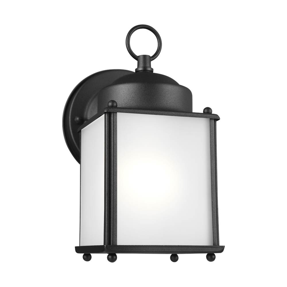 Generation Lighting New Castle Traditional 1-Light Led Outdoor Exterior Wall Lantern Sconce In Black Finish With Satin Etched Glass Panels
