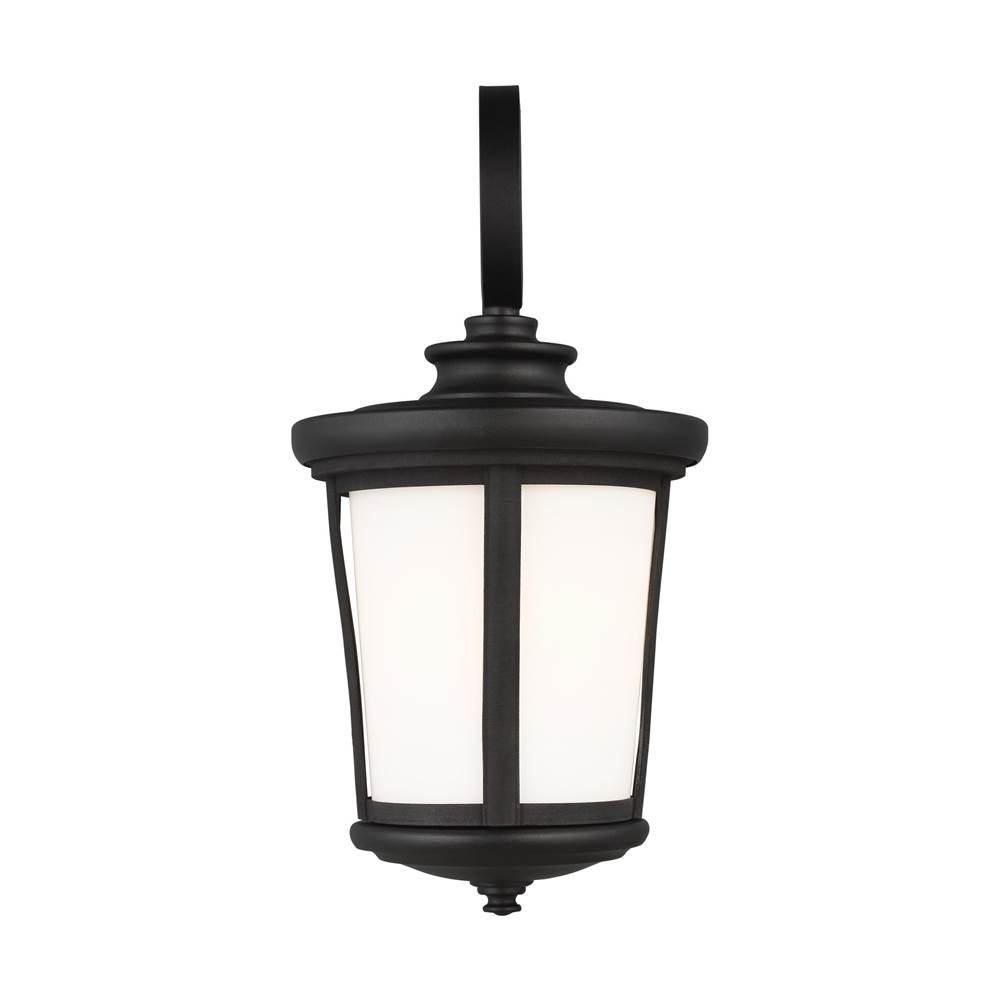 Generation Lighting Eddington Modern 1-Light Led Outdoor Exterior Medium Wall Lantern Sconce In Black Finish With Cased Opal Etched Glass Panel