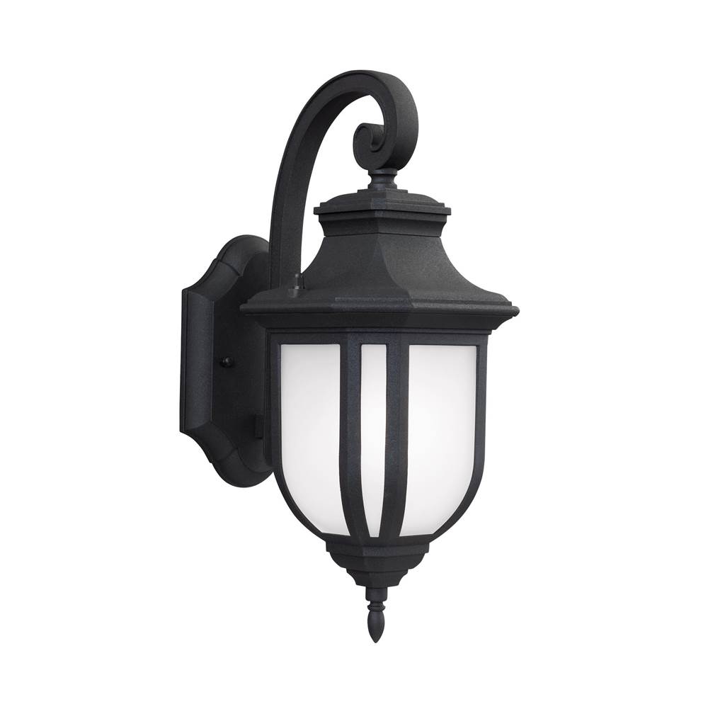 Generation Lighting Childress Traditional 1-Light Led Outdoor Exterior Medium Wall Lantern Sconce In Black Finish With Satin Etched Glass Shade