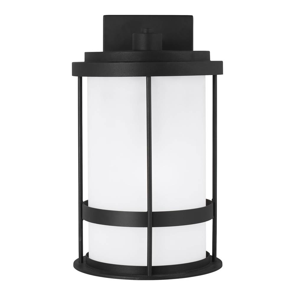 Generation Lighting Wilburn Modern 1-Light Outdoor Exterior Dark Sky Compliant Medium Wall Lantern Sconce In Black Finish With Satin Etched Glass Shade
