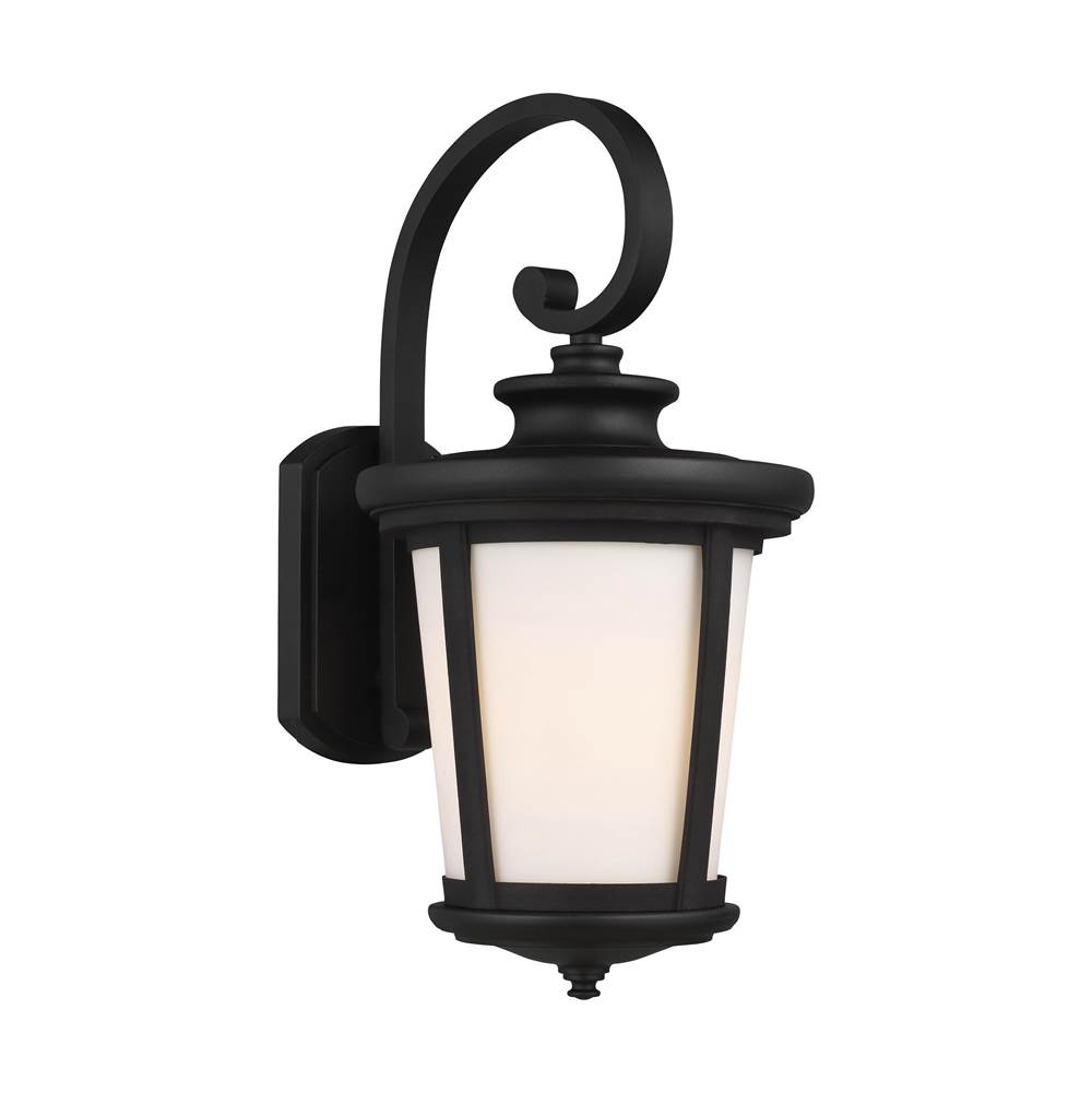 Generation Lighting Eddington Modern 1-Light Led Outdoor Exterior Large Wall Lantern Sconce In Black Finish With Cased Opal Etched Glass Panel