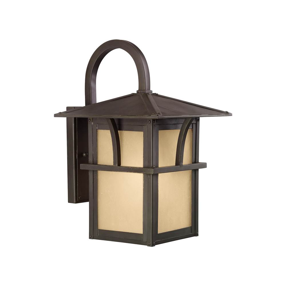 Generation Lighting Medford Lakes Transitional 1-Light Led Outdoor Exterior Medium Wall Lantern Sconce In Statuary Bronze W/Etched Hammered W/Light Amber Glass Panels