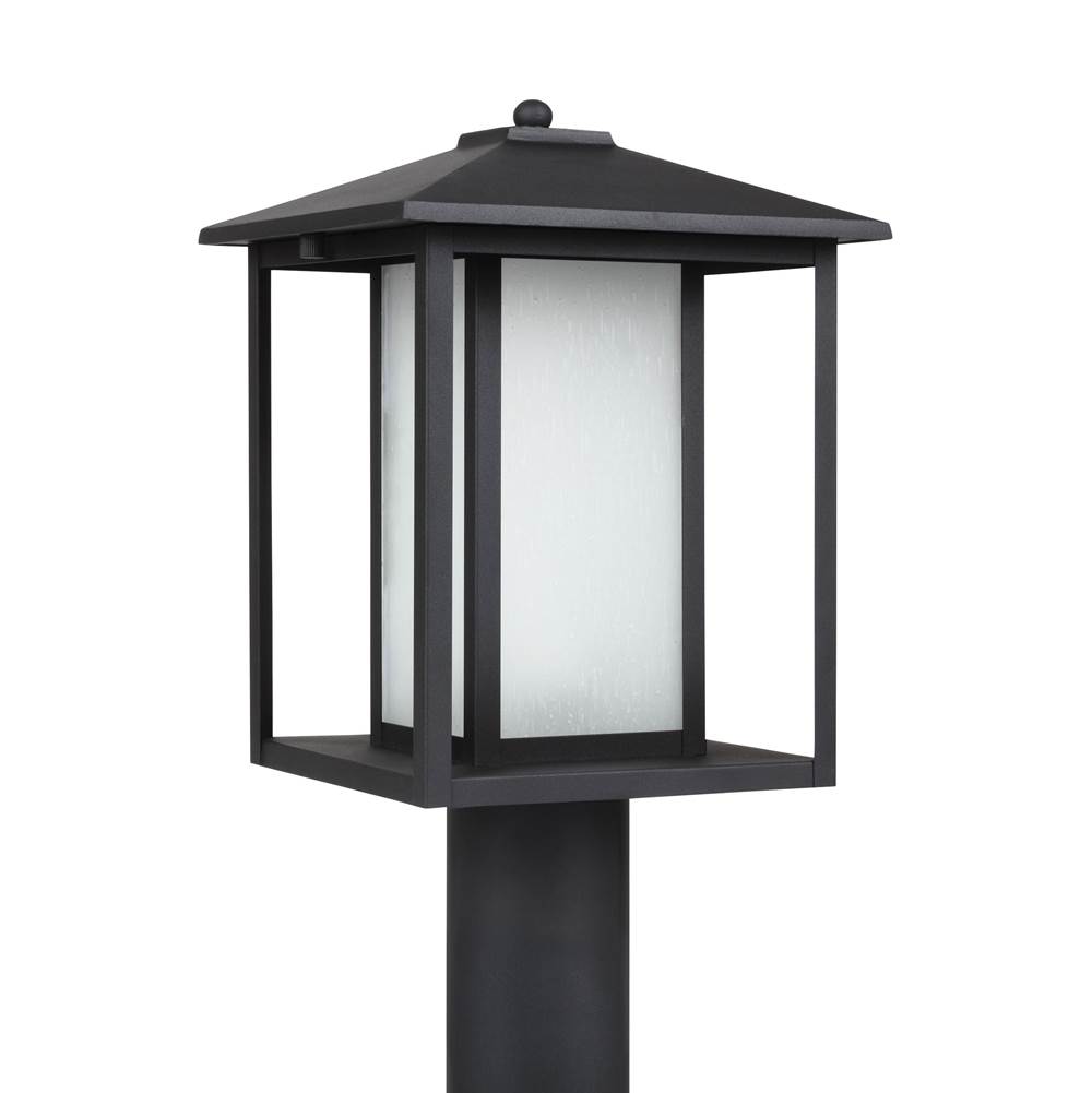 Generation Lighting Hunnington Contemporary 1-Light Outdoor Exterior Post Lantern In Black Finish With Etched Seeded Glass Panels