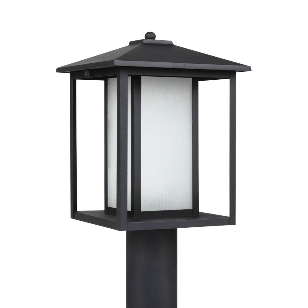 Generation Lighting Hunnington Contemporary 1-Light Led Outdoor Exterior Post Lantern In Black Finish With Etched Seeded Glass Panels