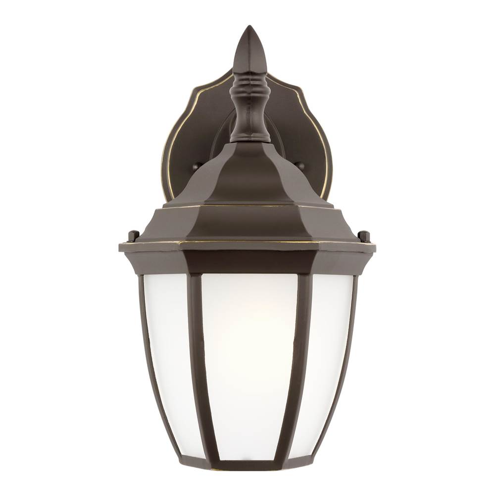 Generation Lighting Bakersville Traditional 1-Light Outdoor Exterior Round Small Wall Lantern Sconce In Antique Bronze Finish With Satin Etched Glass Panels