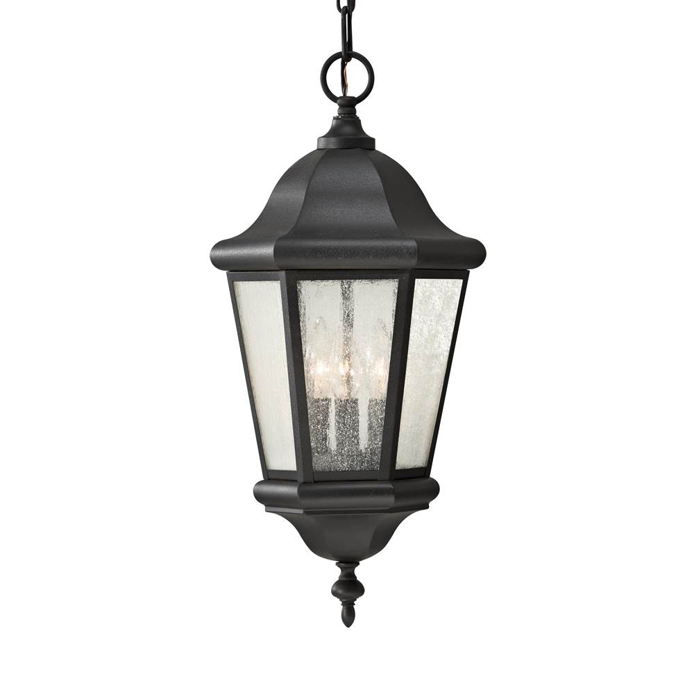 Generation Lighting Martinsville Traditional 3-Light Led Outdoor Exterior Pendant Lantern In Black Finish With Clear Seeded Glass Shades