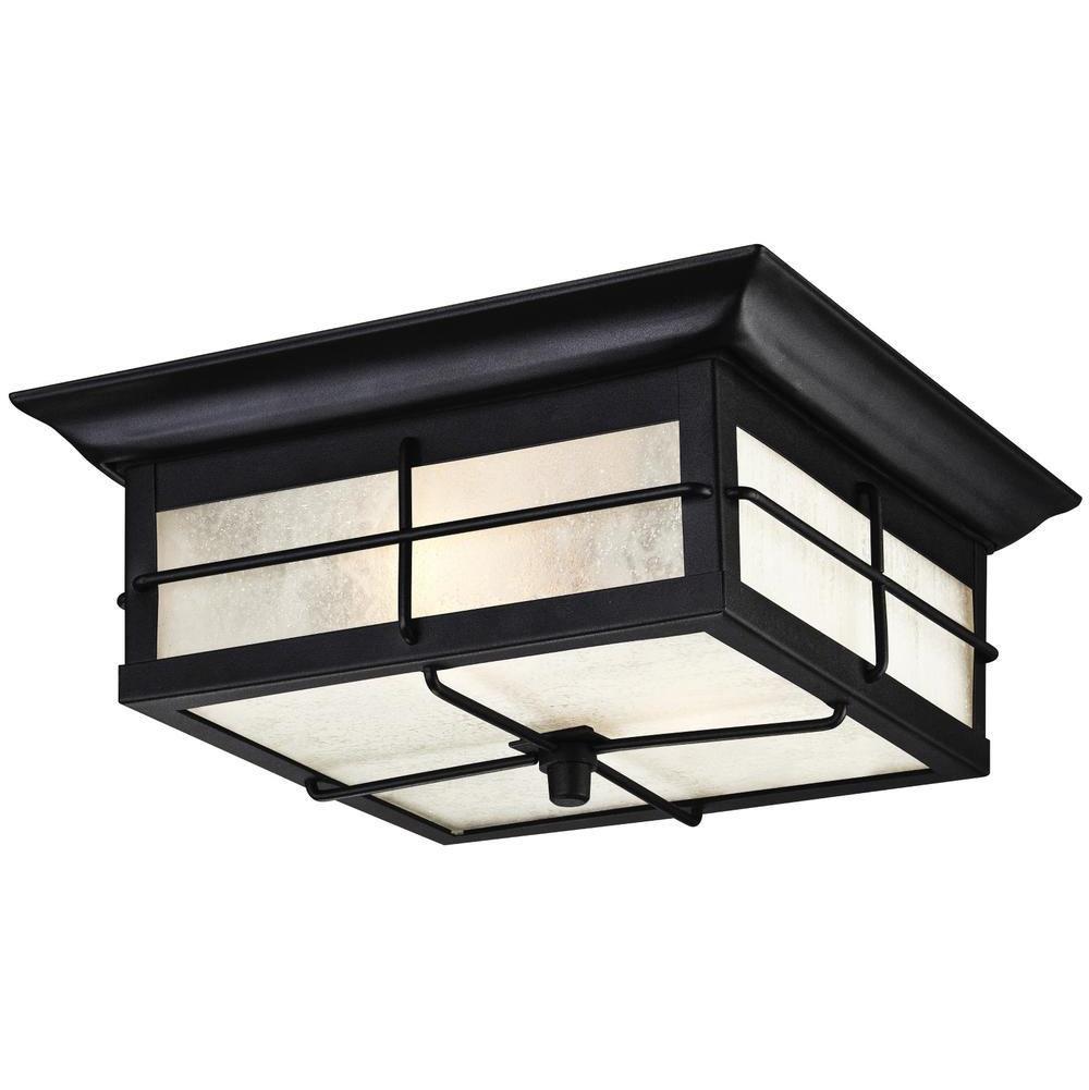 Westinghouse Orwell Two-Light Outdoor Flush-Mount Fixture, Textured Black Finish on Steel with Frosted Seeded Glass