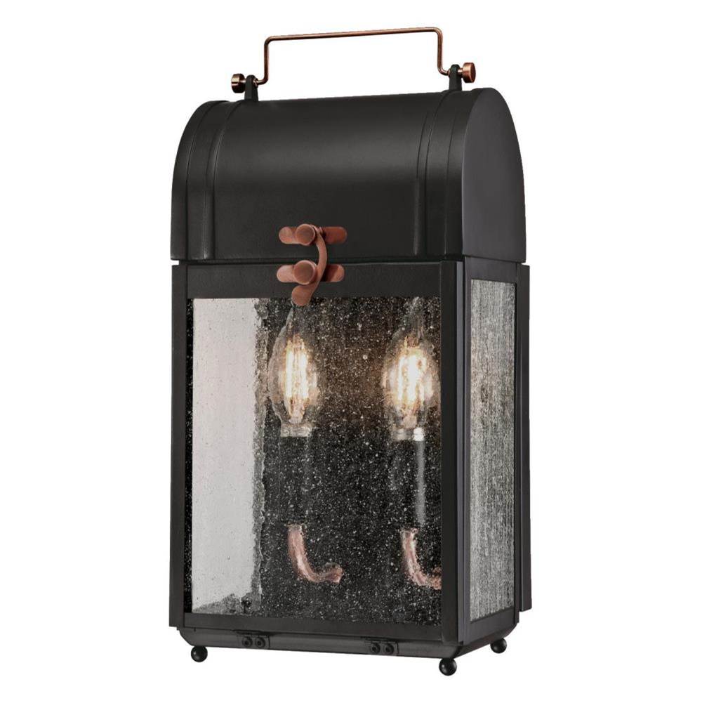 Westinghouse Westinghouse Mulberry Two-Light Outdoor Wall Fixture, Matte Black Finish with Washed Copper Accents and Clear Seeded Glass